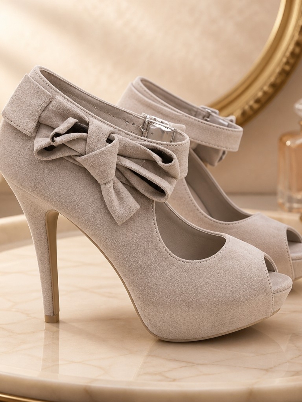 Women’s Peep-Toe Platform Heels with Ankle Bow Strap - Beige
